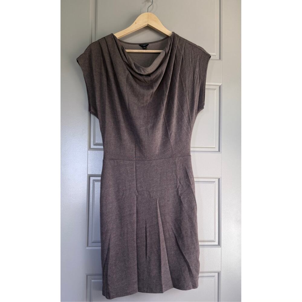 ANN TAYLOR taupe brown cowl neck rayon stretch knit metallic work sheath dress